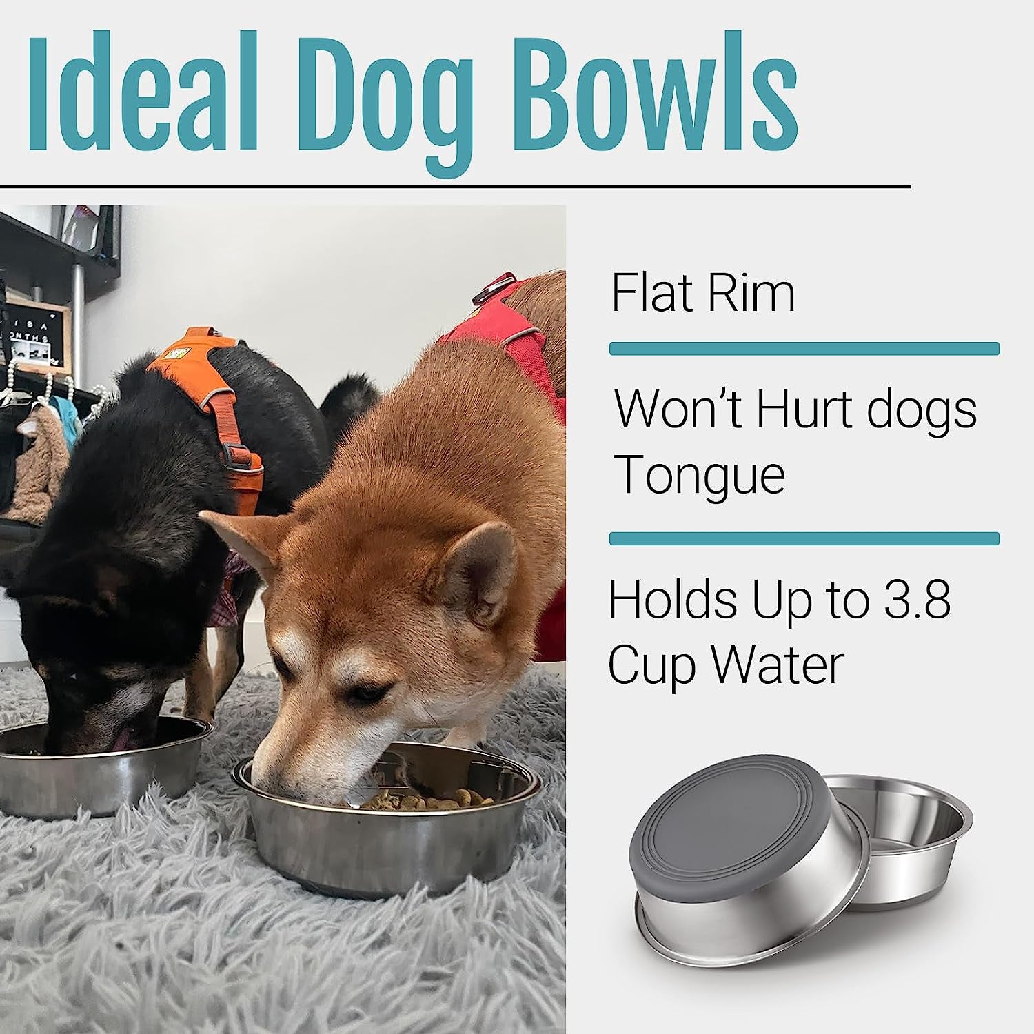 PEGGY11 Stainless Steel Dog Bowls 2-Pack, Non-Slip, Dishwasher Safe - 3.8 Cups Each