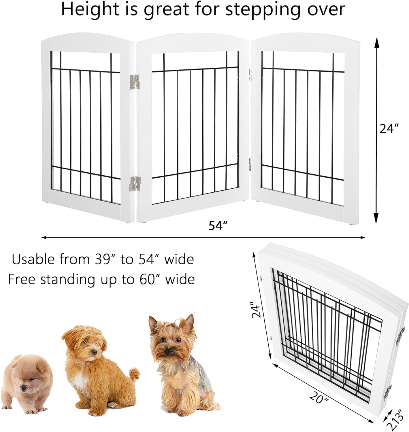 3-Panel Foldable White Wooden Dog Gate - Free Standing Indoor Barrier for Stairs & Doorways, Easy to Step Over