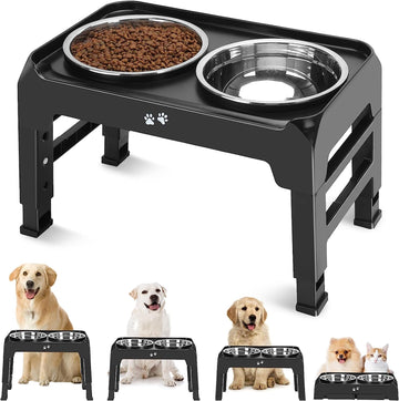 Adjustable Height Elevated Dog Bowls: 2 Thick 50Oz Stainless Bowls for Large & Medium Dogs, Black