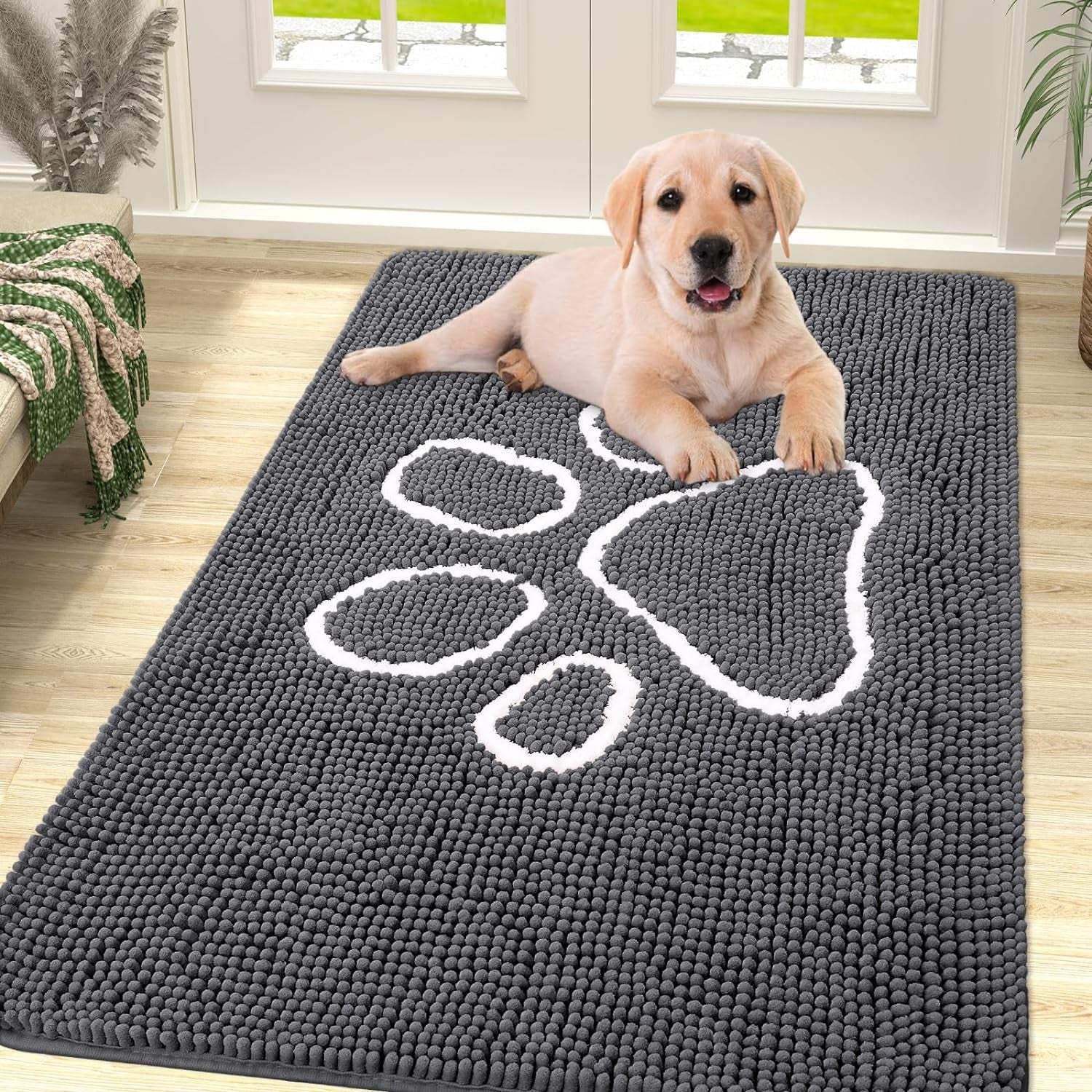 Absorbent Dog Door Mat for Muddy Paws, Non-Slip & Quick Dry Chenille, Washable, Traps Dirt & Moisture