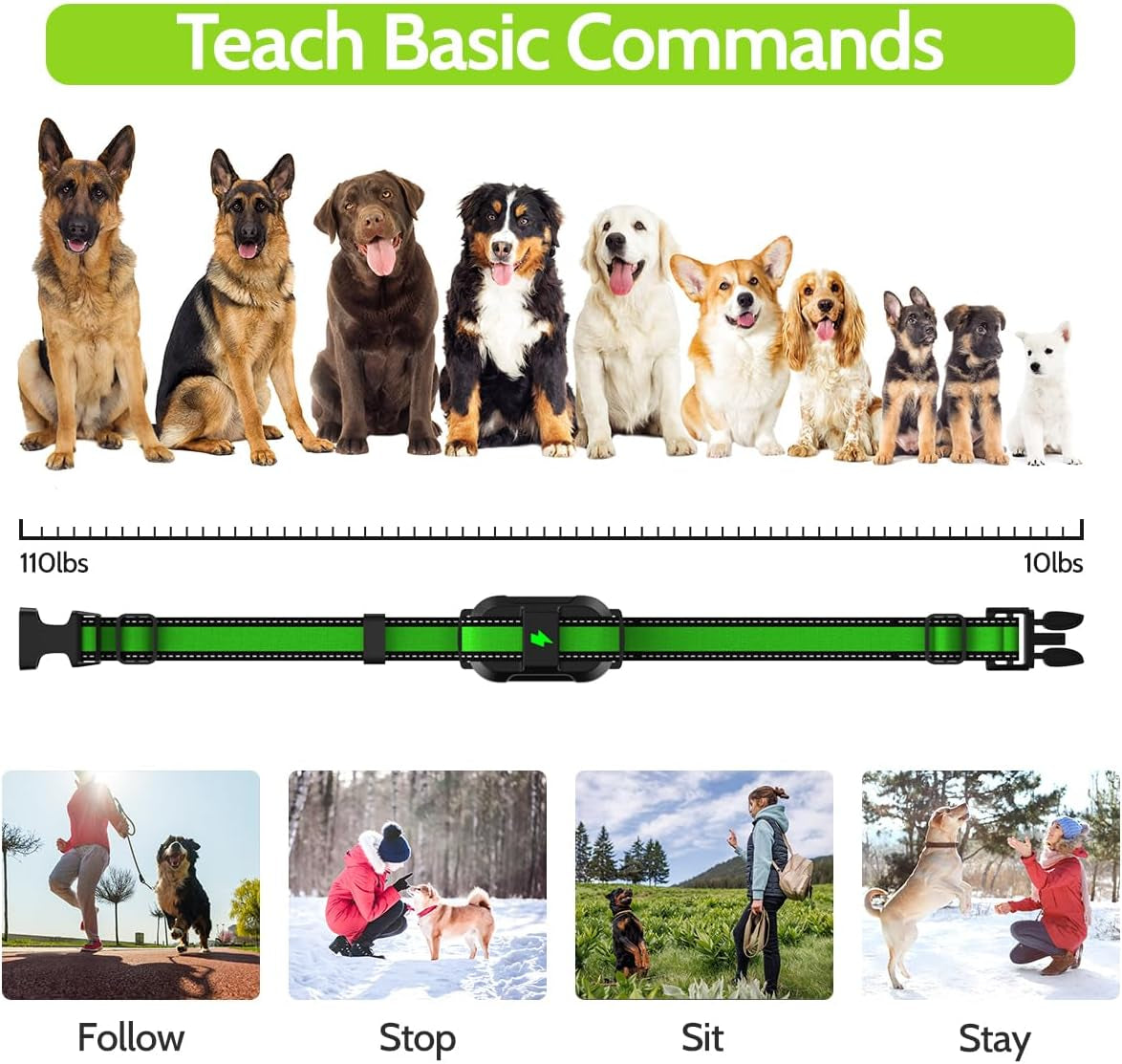 Dog Training Shock Collar, 4 Modes, Waterproof, Rechargeable, 3300Ft Range, Green