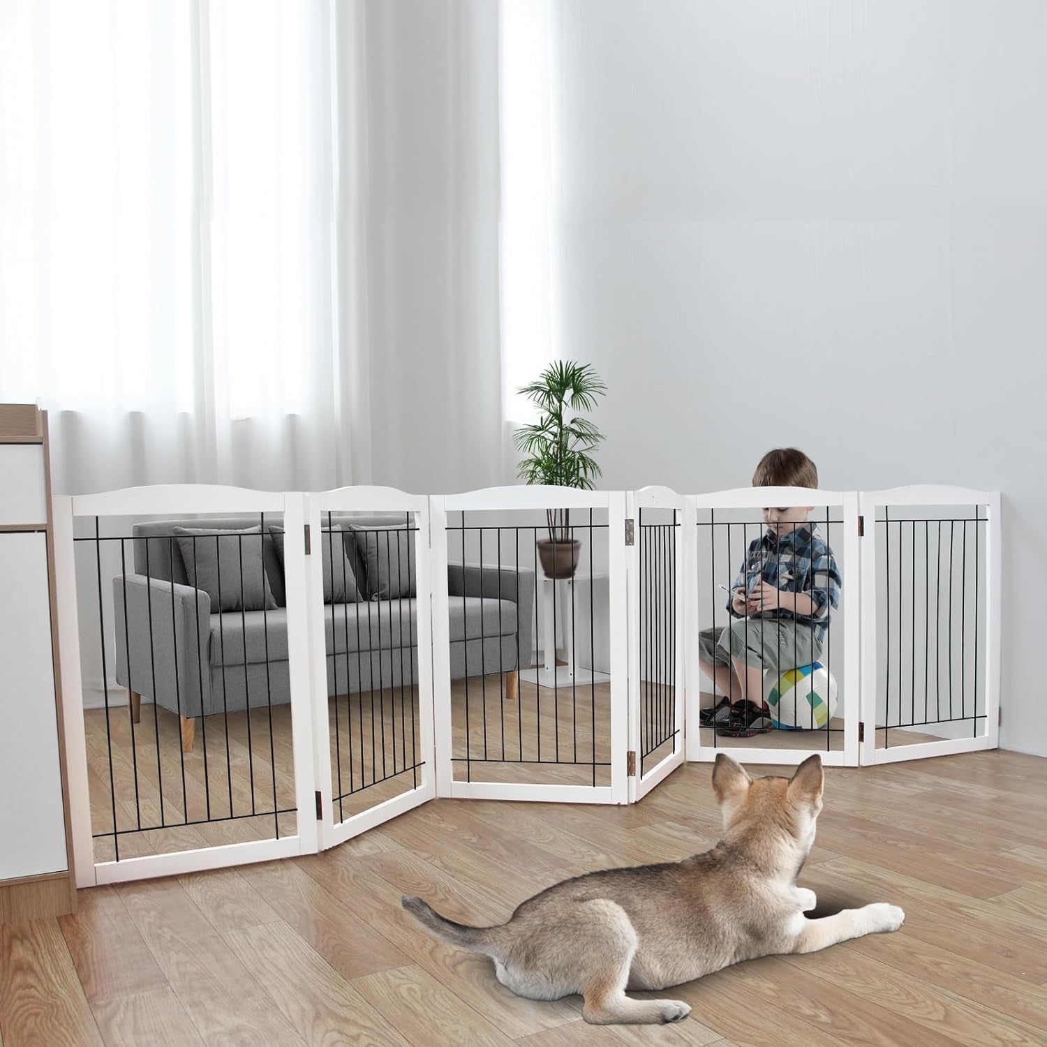 Freestanding Foldable Dog Gate - Extra Wide 3 Panel Wooden Pet Gate for Indoor Use, Tall Puppy Barrier for Doorways & Stairs