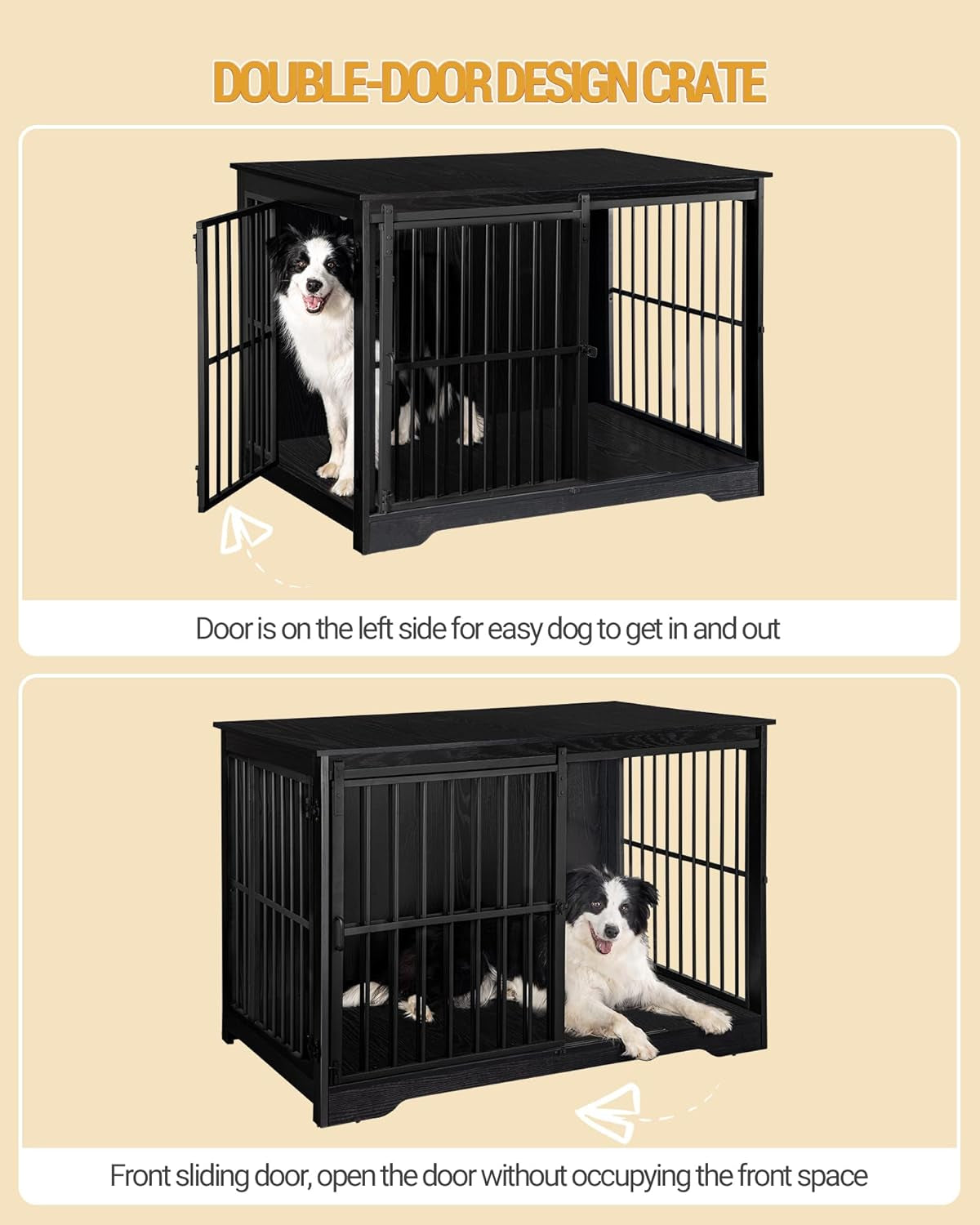 Dog Crate Furniture, 44.1" Double Door Dog Crate with Barn Door, Dog Kennel Indoor, End Side Table Wooden Dog Crate for Small Medium Large Dog, Anti-Chew Anti-Escape, Black
