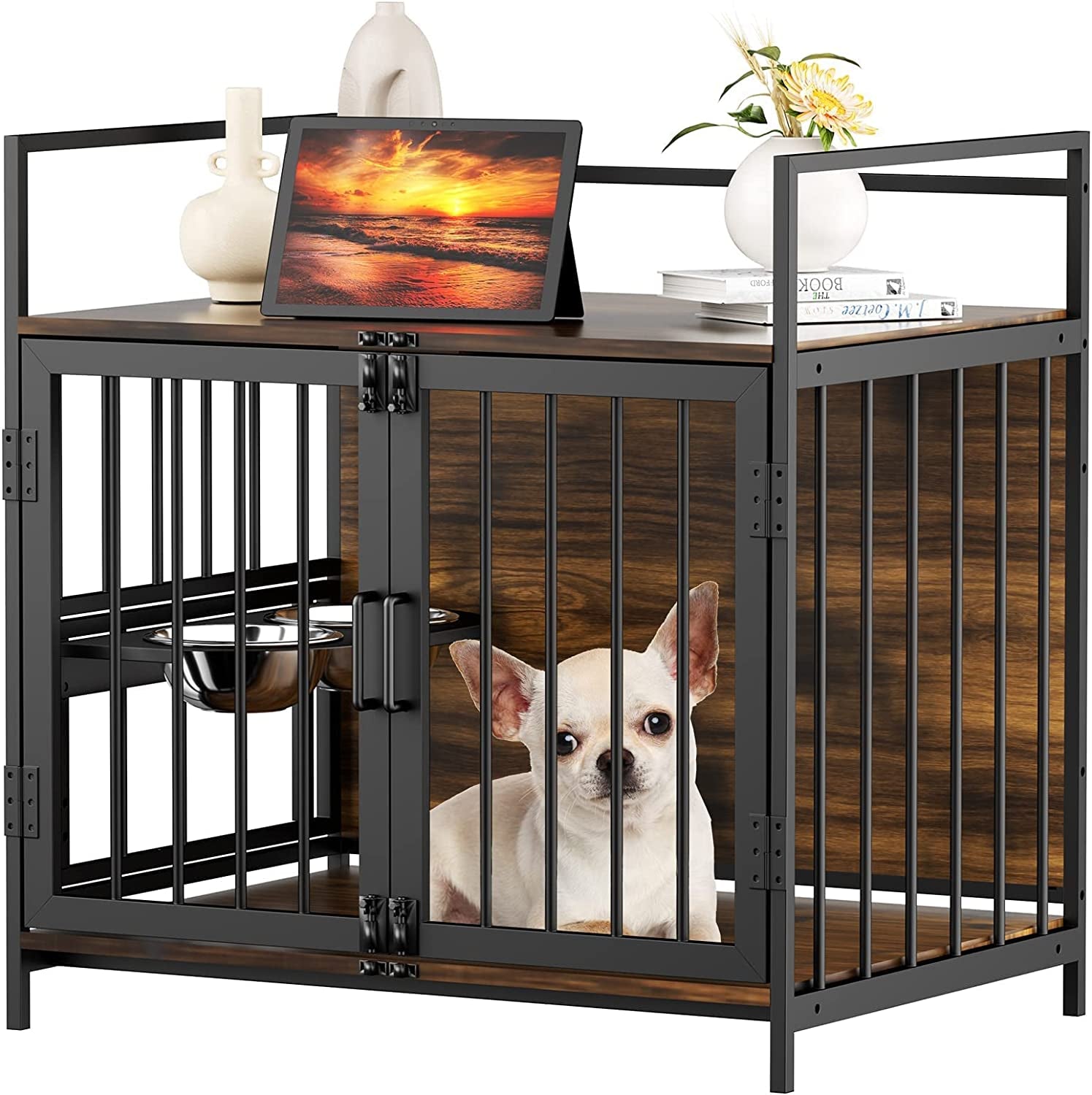 ROOMTEC Furniture Style Large Dog Crate with 360° Adjustable Feeder - Classic Brown End Table Crate with 2 Stainless Steel Bowls, 41"x24"x36"