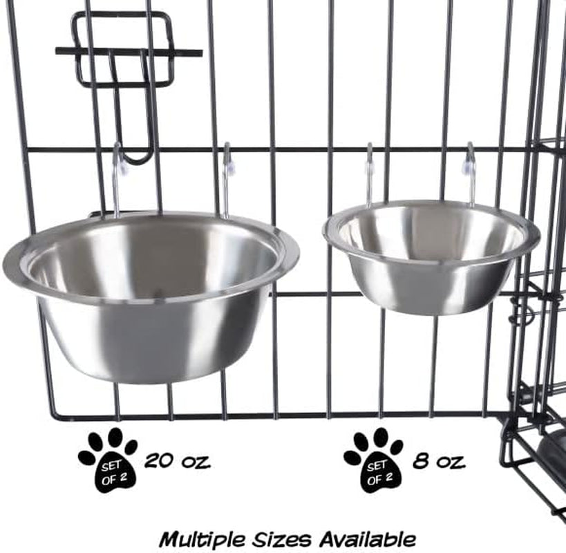 Set of 2 Stainless Steel Dog Bowls, 8Oz, Dishwasher Safe, Hangs in Cage/Kennel/Crate, Silver