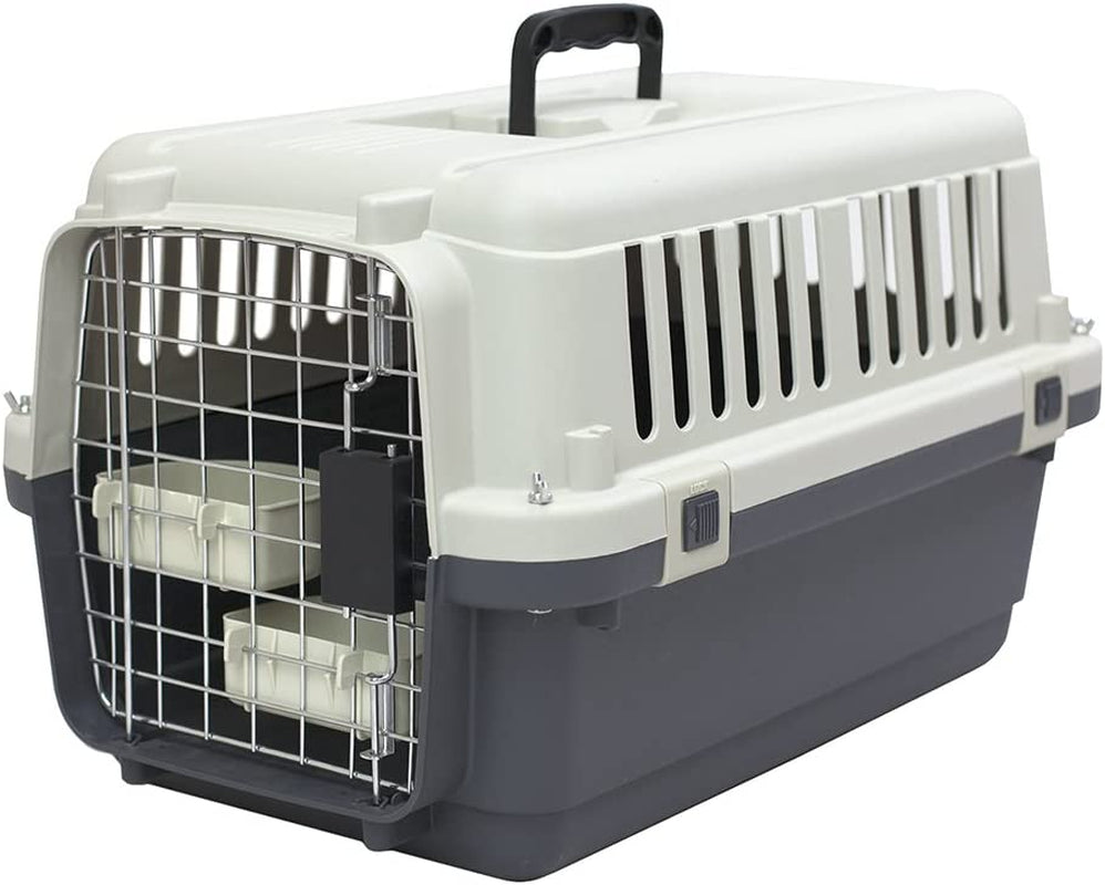 Sportpet Rolling Plastic Travel Dog Crate - Medium Gray Kennel with Wire Door, Portable & Durable, Perfect for Safe Pet Travel