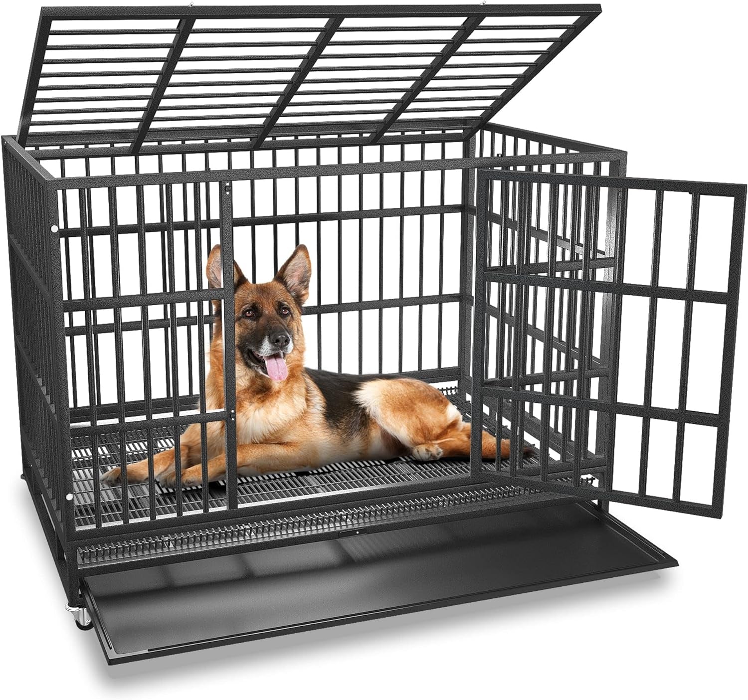 Heavy-Duty Indestructible Dog Crate – Escape-Proof Cage with Removable Trays, Wheels, Double Door, XL Size for Large Dogs