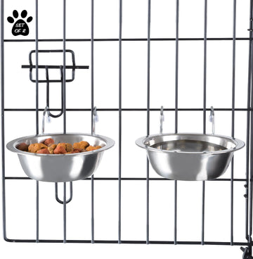 Set of 2 Stainless Steel Dog Bowls, 8Oz, Dishwasher Safe, Hangs in Cage/Kennel/Crate, Silver