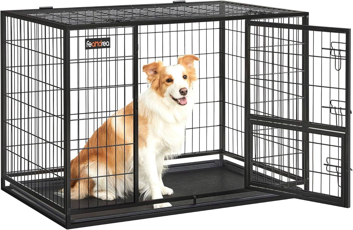 Feandrea XXL Heavy-Duty Metal Dog Crate – Large Dog Kennel with Removable Leak-Proof Tray, Strong & Durable Black Steel Construction