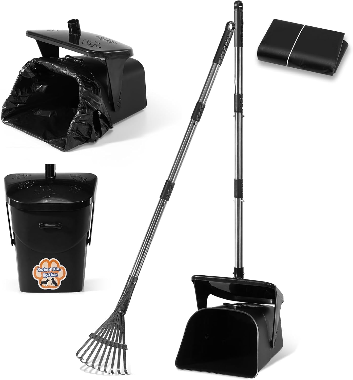 Dog Pooper Scooper with 40" Long Handle, Swivel Bin, Rake & Spade, Heavy-Duty Metal Scoop, 20 Waste Bags & Hook