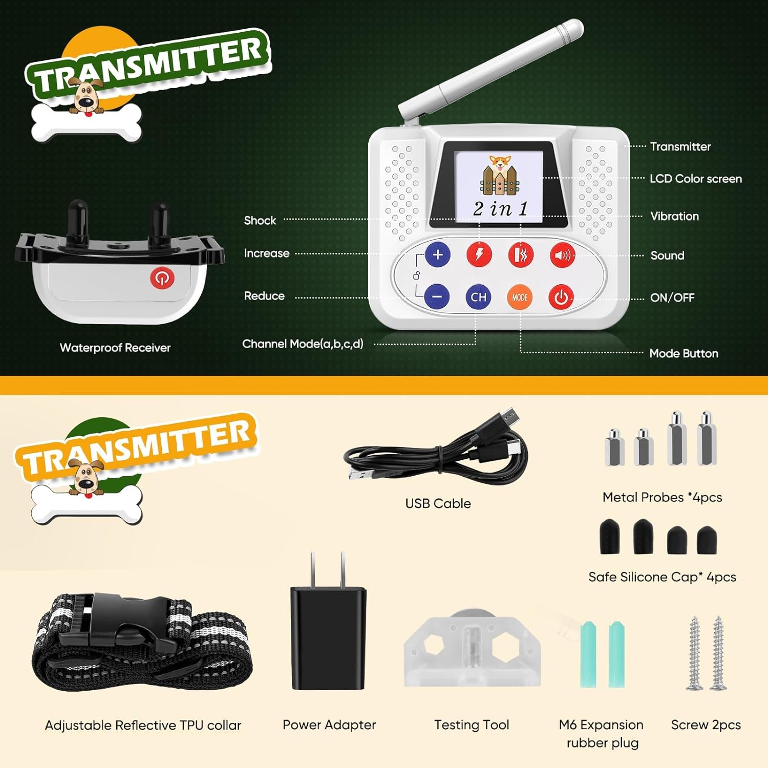 Wireless Electric Dog Fence System with Large LCD - Waterproof Collar, 2.4Ghz Antenna