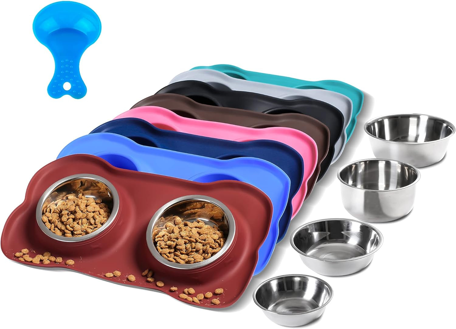 Hubulk 2 Stainless Steel Dog Bowls with Non-Skid Silicone Mat - Small, Pink, Includes Food Scoop