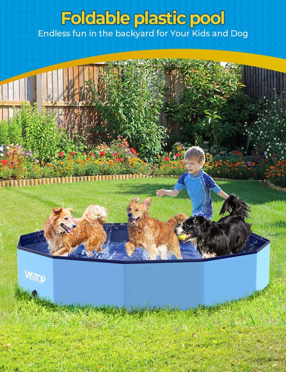 VISTOP XXL Foldable Dog Pool: Hard Plastic, Portable, 67"D x 11.8"H, Blue