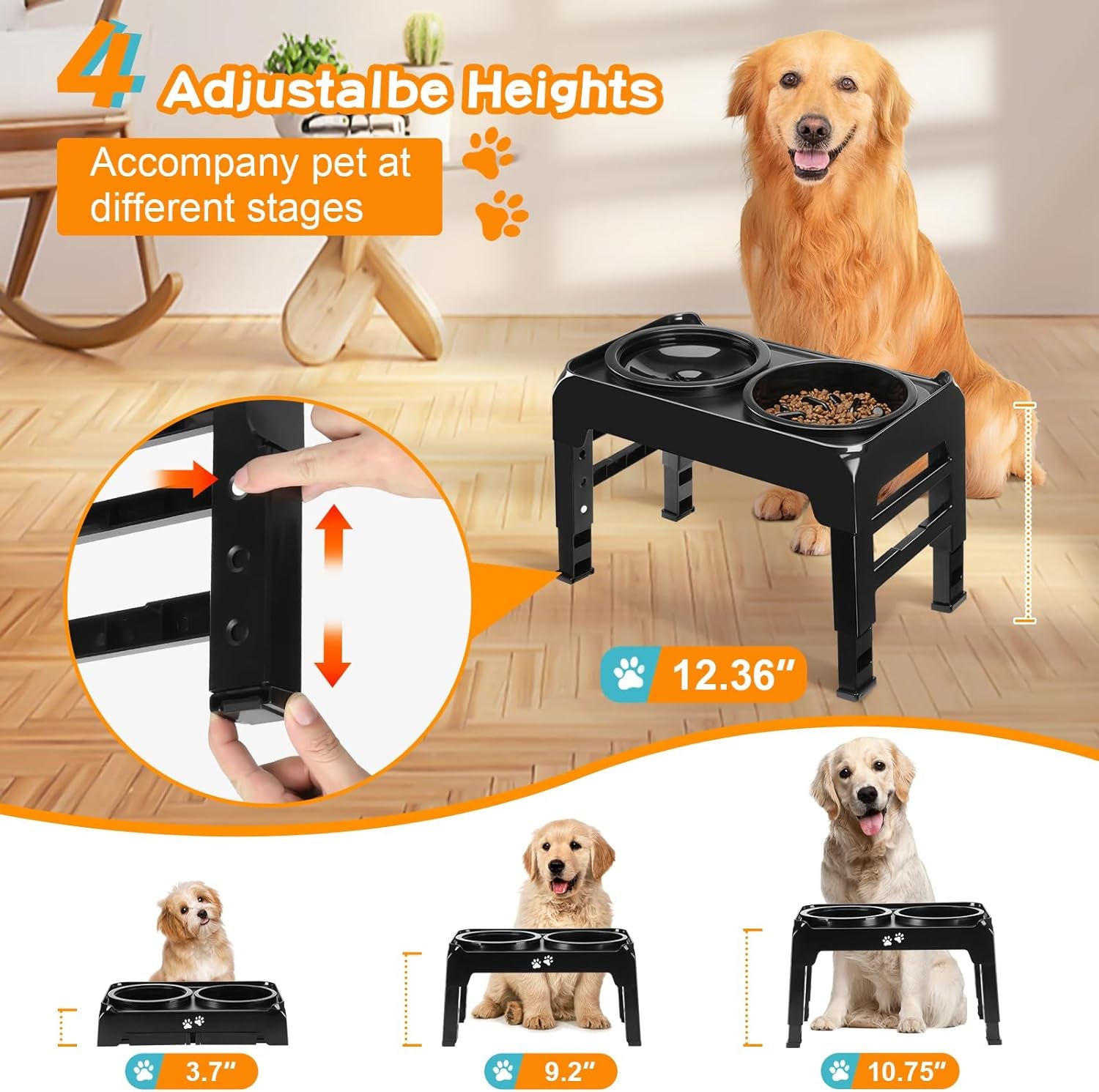 4-Height Adjustable Elevated Dog Feeder: 2-in-1 Slow Feeder & Water Bowl, Anti-Dust, Black