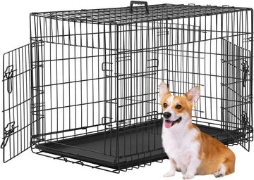 FDW Folding Metal Dog Crate with Double Door, Divider Panel & Leak-Proof Tray - Portable Kennel for Large Dogs,