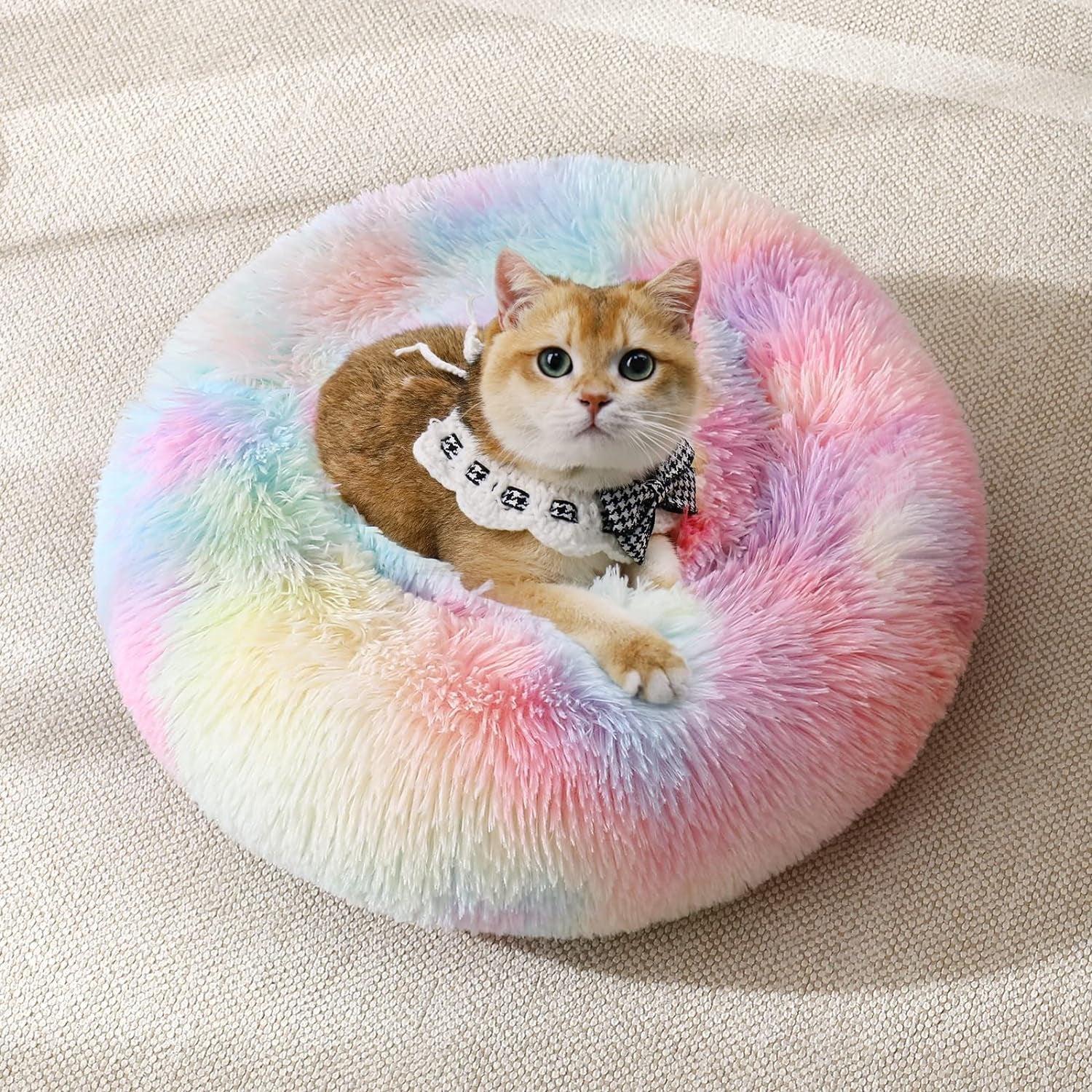 JOLLYVOGUE Calming Donut Pet Bed: Anti-Anxiety, Washable, Fluffy Cuddler, Various Sizes