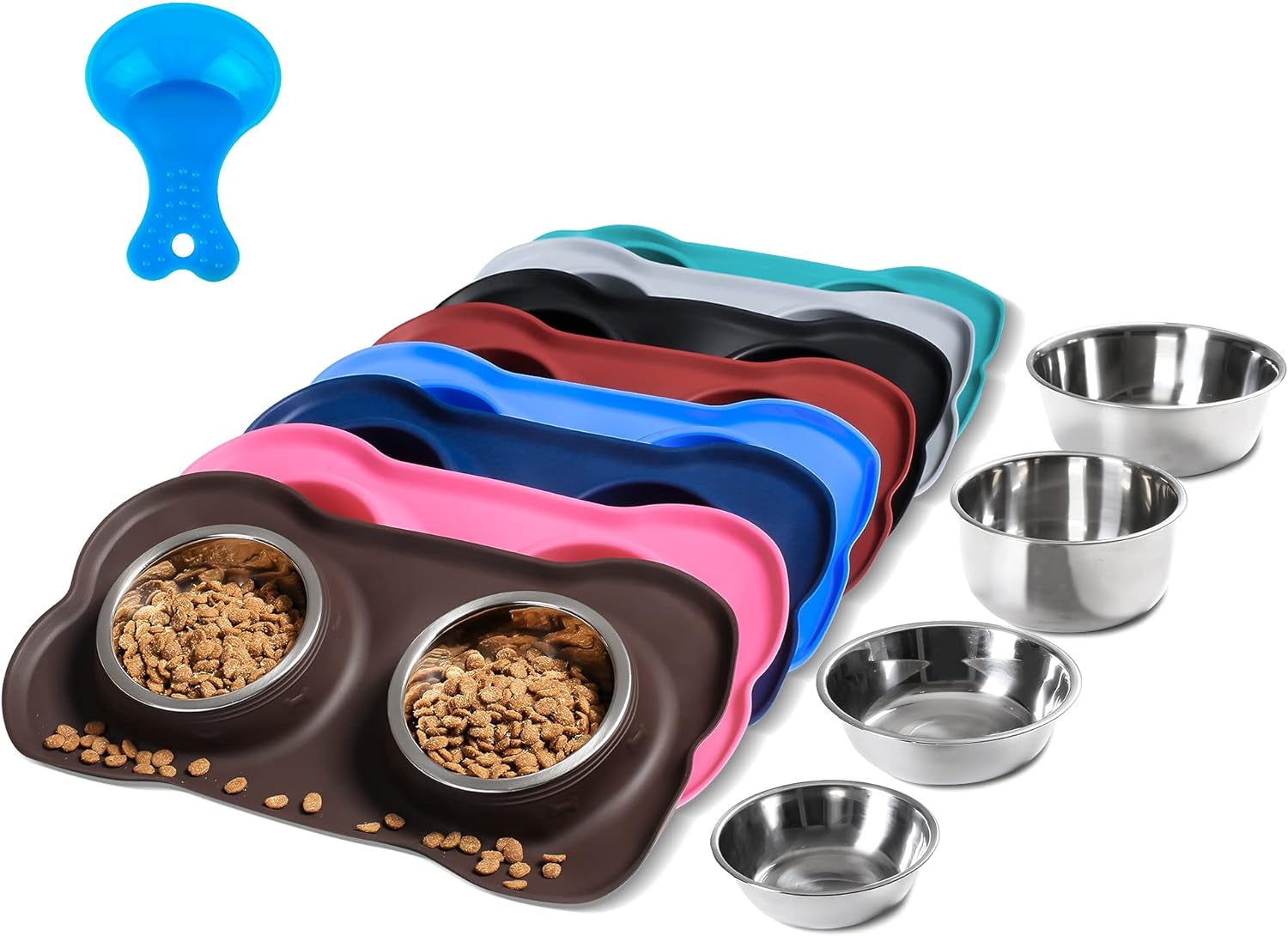 Hubulk 2 Stainless Steel Dog Bowls with Non-Skid Silicone Mat - Small, Pink, Includes Food Scoop