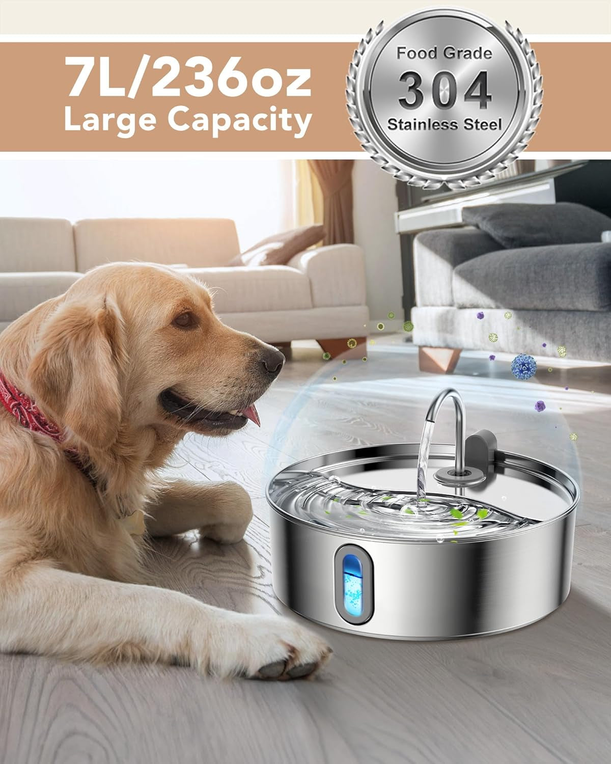 Large Stainless Steel Dog Water Fountain: 7L Capacity, Ultra-Quiet, Multi-Filtration, Level Window