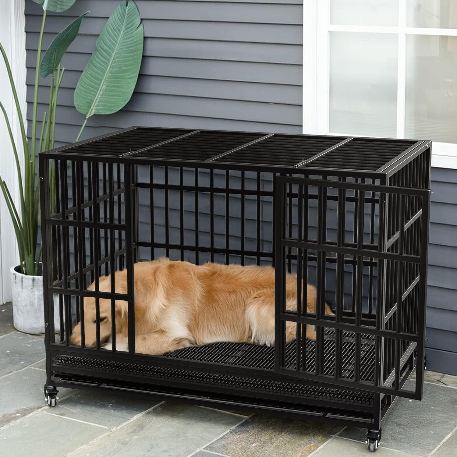 Lemberi Heavy-Duty Dog Crate – Escape-Proof, High-Anxiety Crate with Lockable Wheels, Double Doors, Removable Tray, Extra Large for Indoor Use