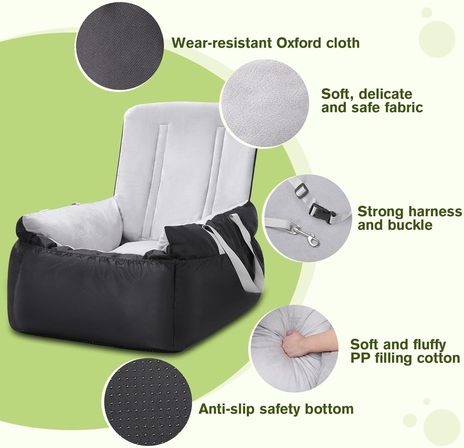 Dog Car Seat - Soft Booster Seat with Storage Pockets, Detachable & Washable Travel Bed, Clip-On Seat Belt