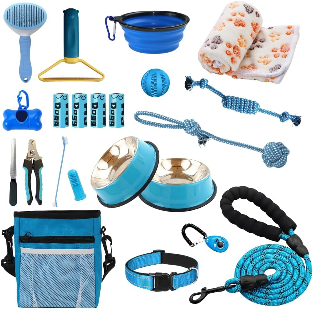 Pupluxe Puppy Starter Kit - 22 Piece Blue Set for Training & New Dog Owners, Ideal Puppy Welcome Gift Bundle