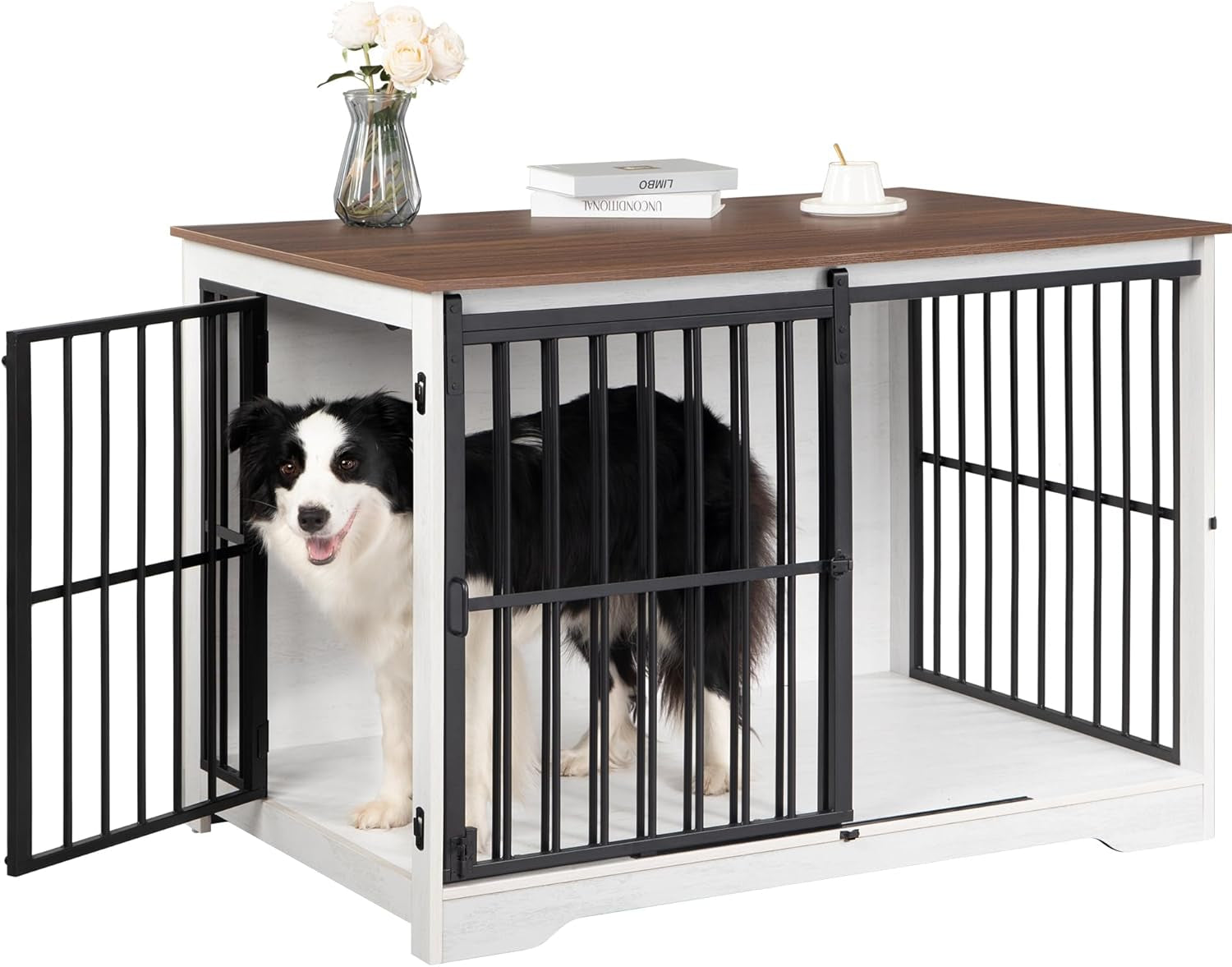 Dog Crate Furniture, 44.1" Double Door Dog Crate with Barn Door, Dog Kennel Indoor, End Side Table Wooden Dog Crate for Small Medium Large Dog, Anti-Chew Anti-Escape, Black