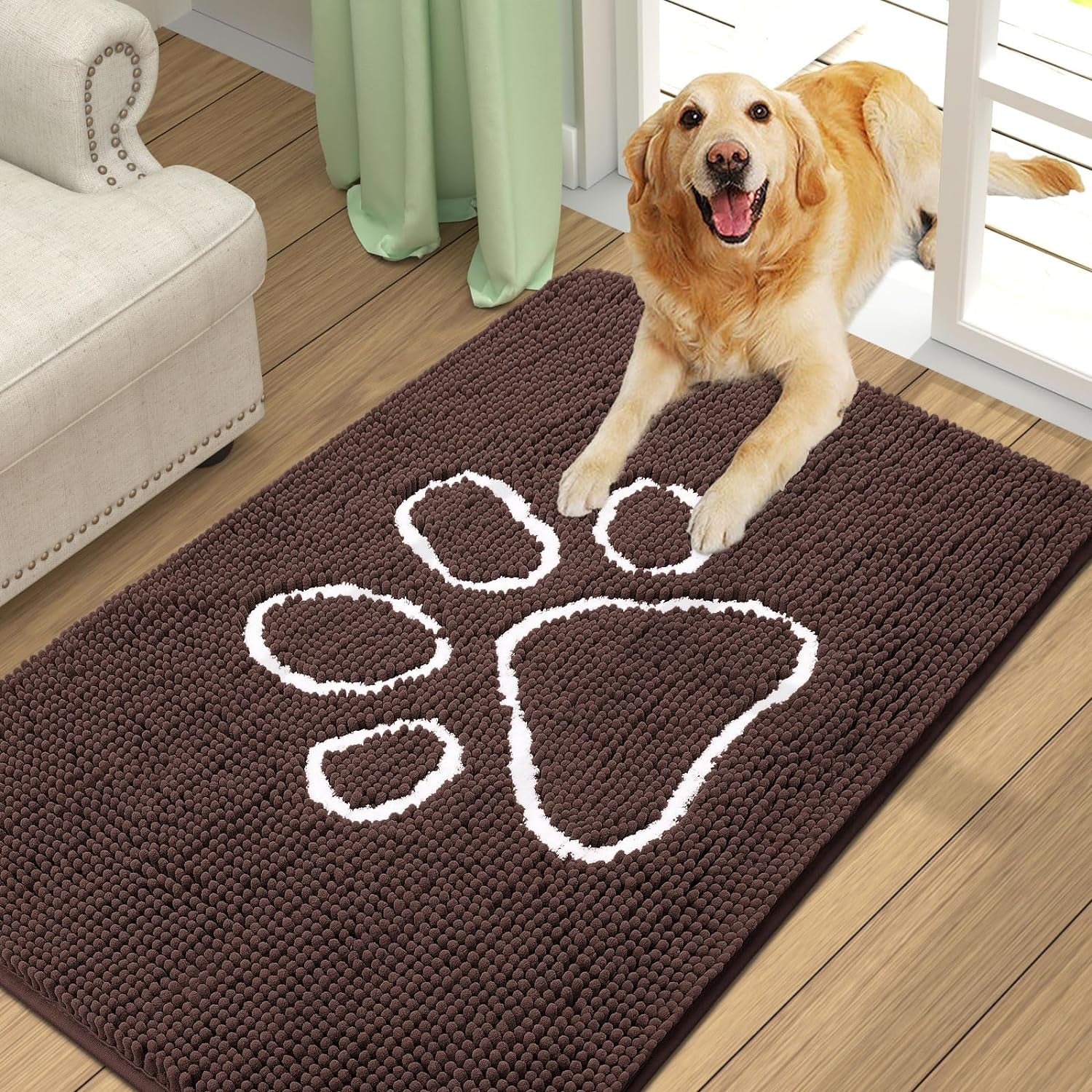 Absorbent Dog Door Mat for Muddy Paws, Non-Slip & Quick Dry Chenille, Washable, Traps Dirt & Moisture