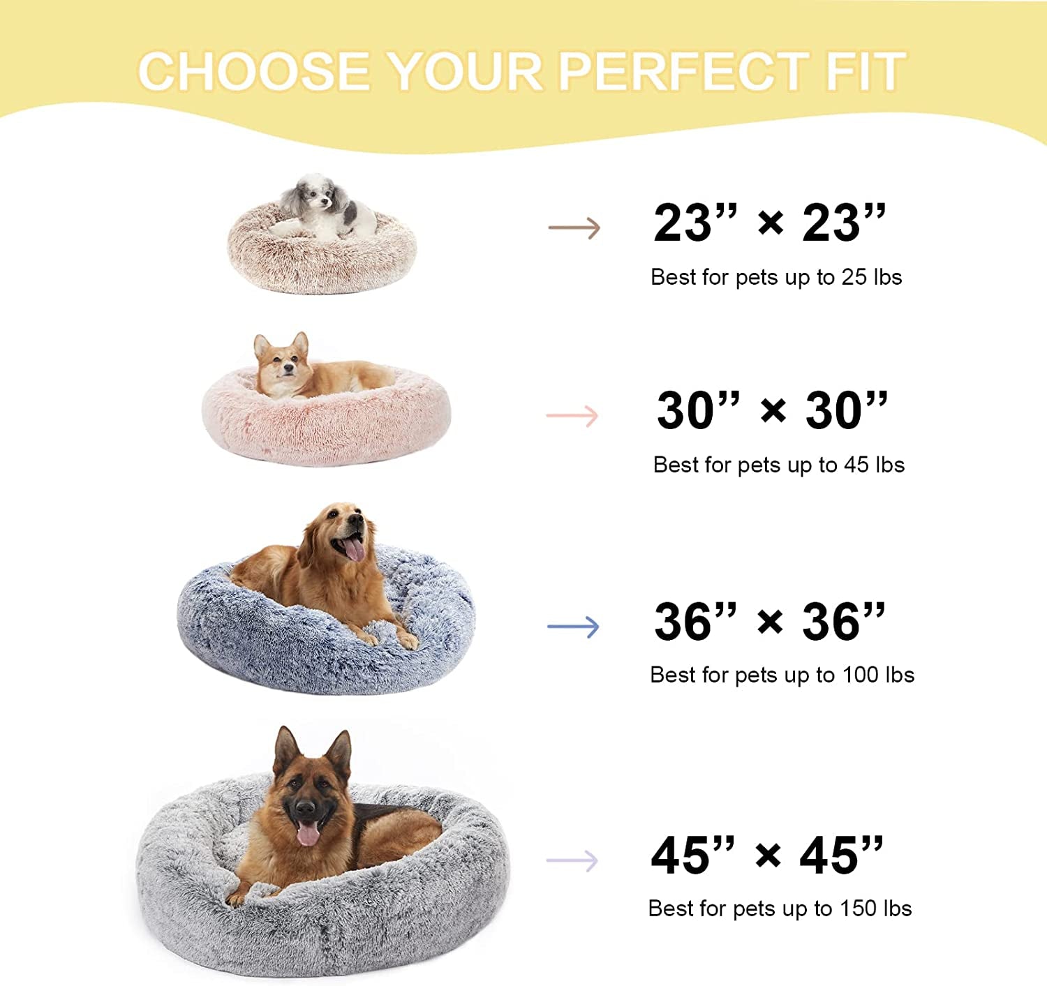 Calming Donut Dog Bed, 36" - Fluffy, Anti-Anxiety, Washable for Large Dogs - Various Colors & Sizes