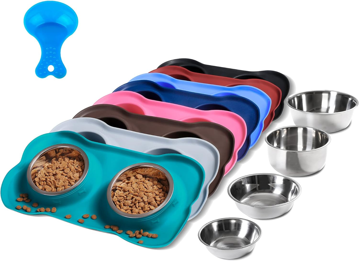 Hubulk 2 Stainless Steel Dog Bowls with Non-Skid Silicone Mat - Small, Pink, Includes Food Scoop