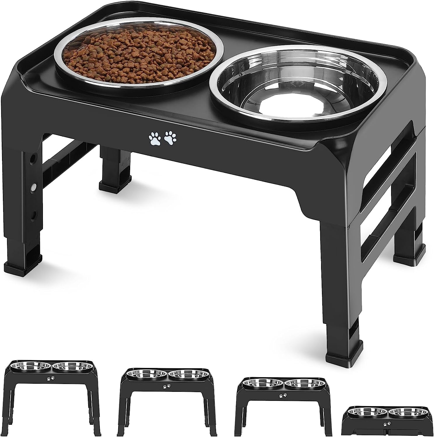 Adjustable Height Elevated Dog Bowls: 2 Thick 50Oz Stainless Bowls for Large & Medium Dogs, Black