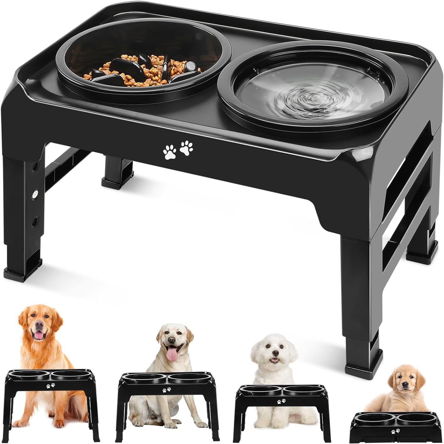 4-Height Adjustable Elevated Dog Feeder: 2-in-1 Slow Feeder & Water Bowl, Anti-Dust, Black