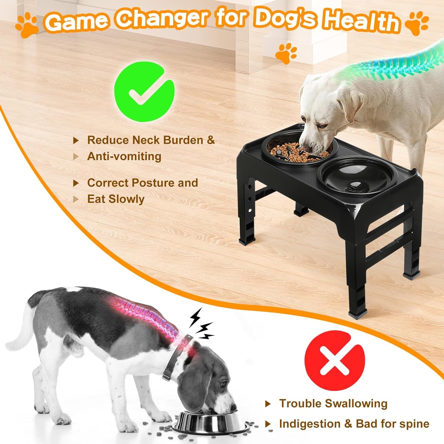 4-Height Adjustable Elevated Dog Feeder: 2-in-1 Slow Feeder & Water Bowl, Anti-Dust, Black