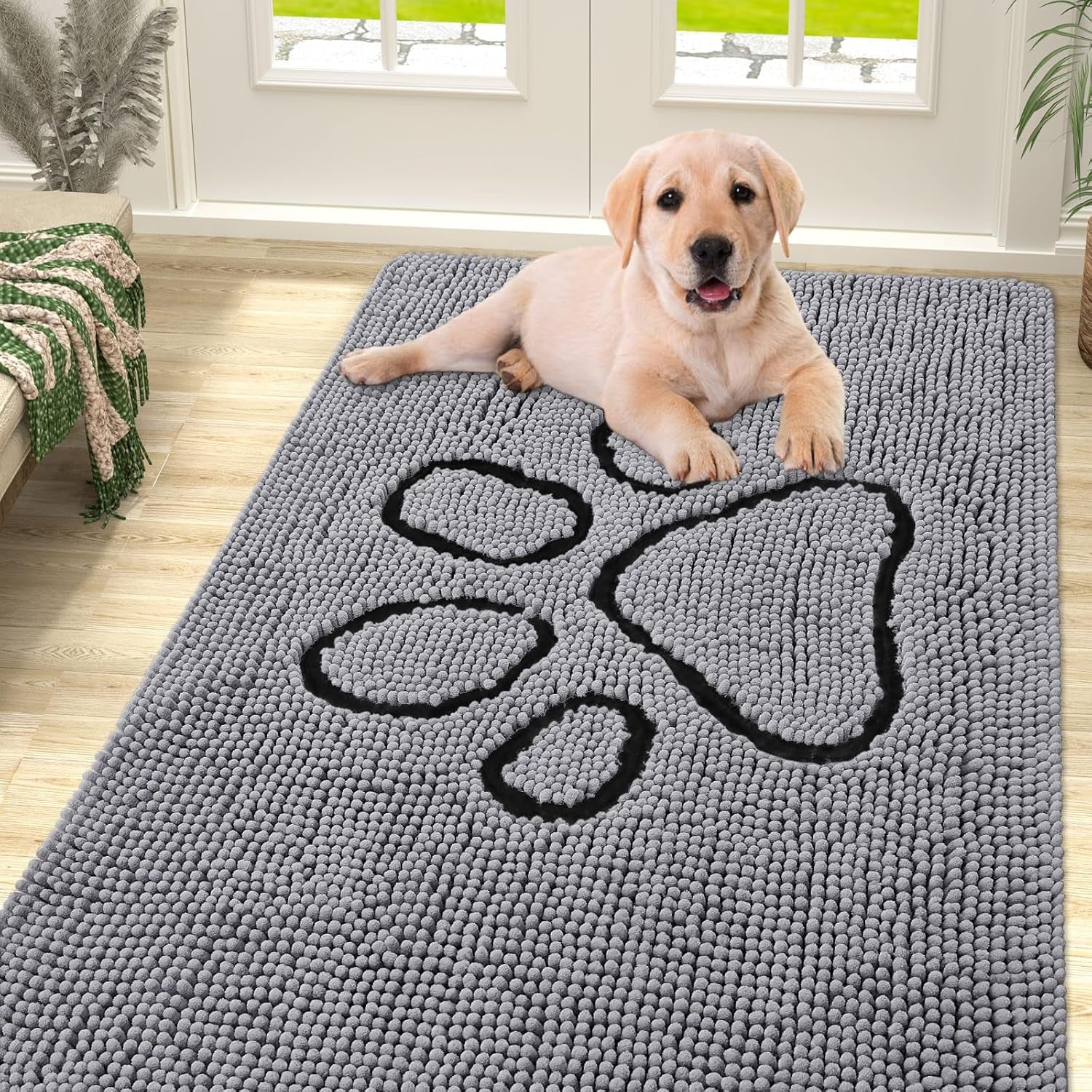 Absorbent Dog Door Mat for Muddy Paws, Non-Slip & Quick Dry Chenille, Washable, Traps Dirt & Moisture