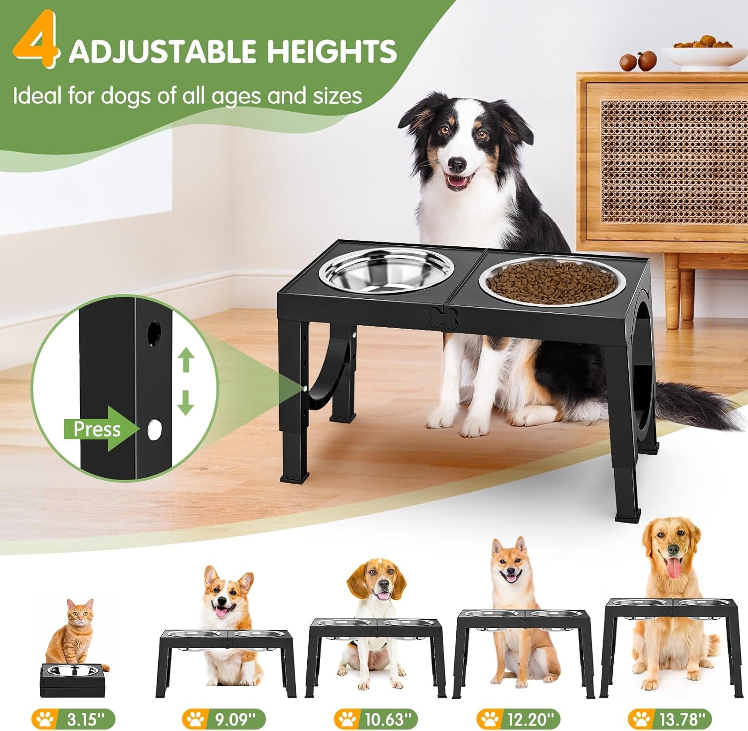 Adjustable Elevated Dog Bowls - 4 Heights, 2 Thick Stainless Steel Bowls for Medium to Large Dogs