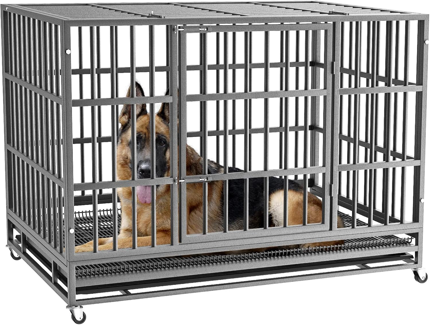 Lemberi Heavy-Duty Dog Crate – Escape-Proof, High-Anxiety Crate with Lockable Wheels, Double Doors, Removable Tray, Extra Large for Indoor Use