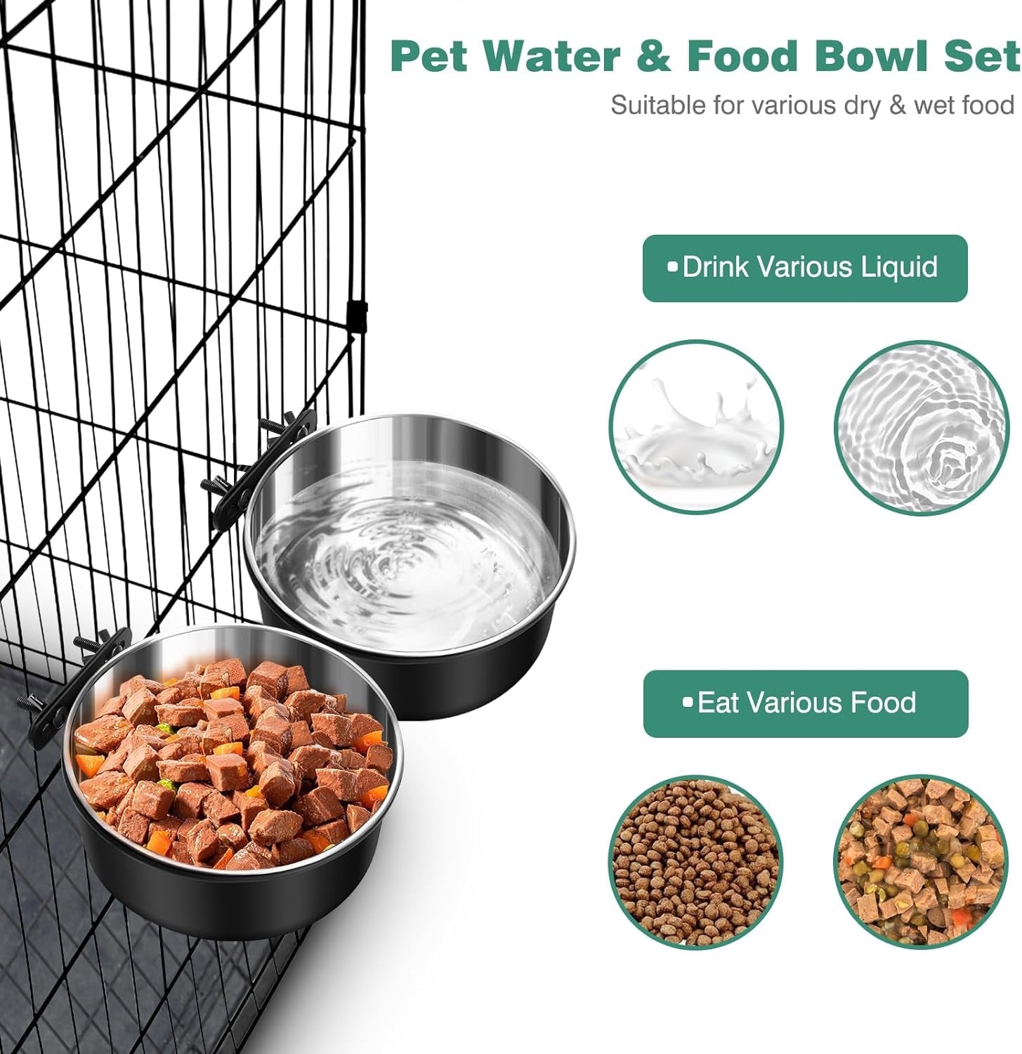 No-Spill Stainless Steel Dog Crate Bowls 2-Pack – Mountable Hanging Kennel Feeder Dishes for Water & Food