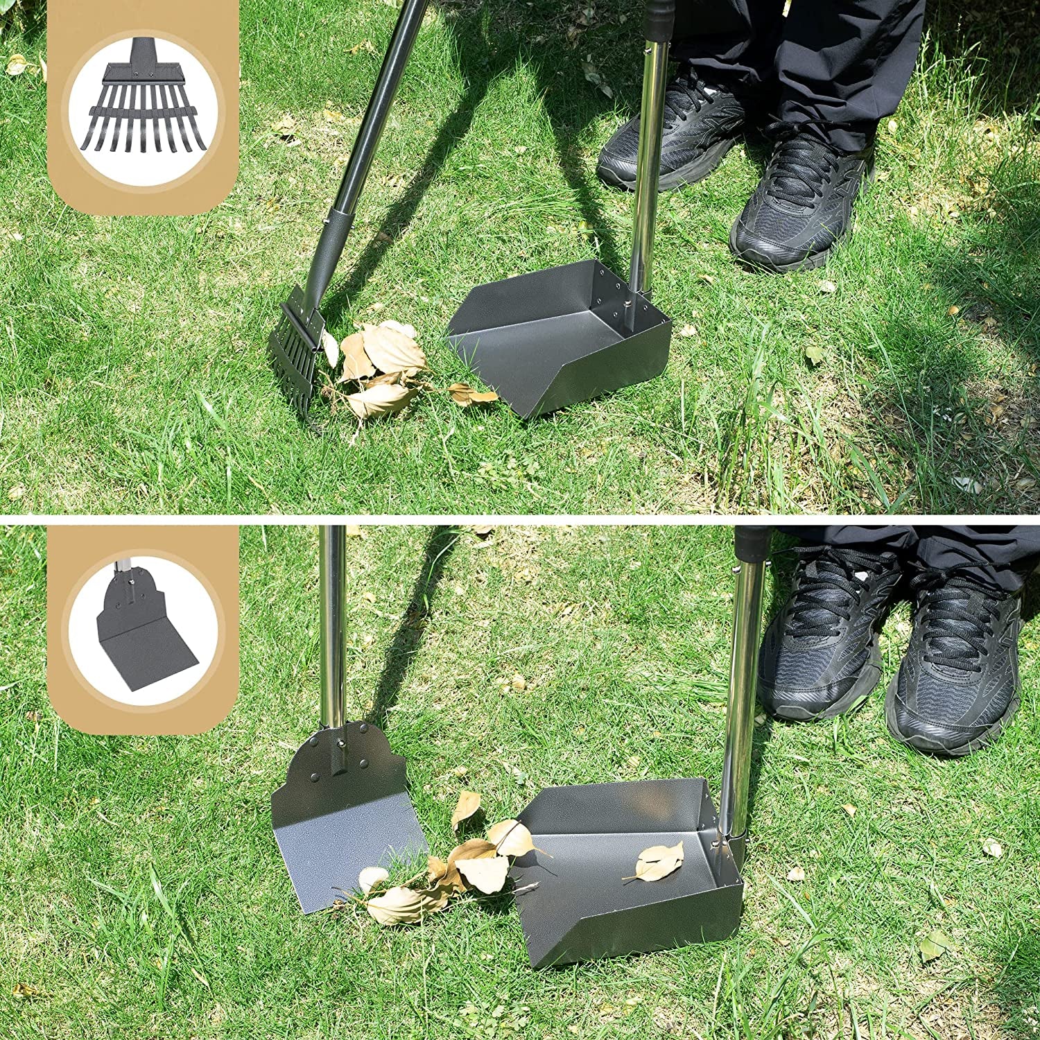 Pooper Scooper Set with Long Adjustable Handles, Dog Poop Tray & Rake, Durable Stainless Steel