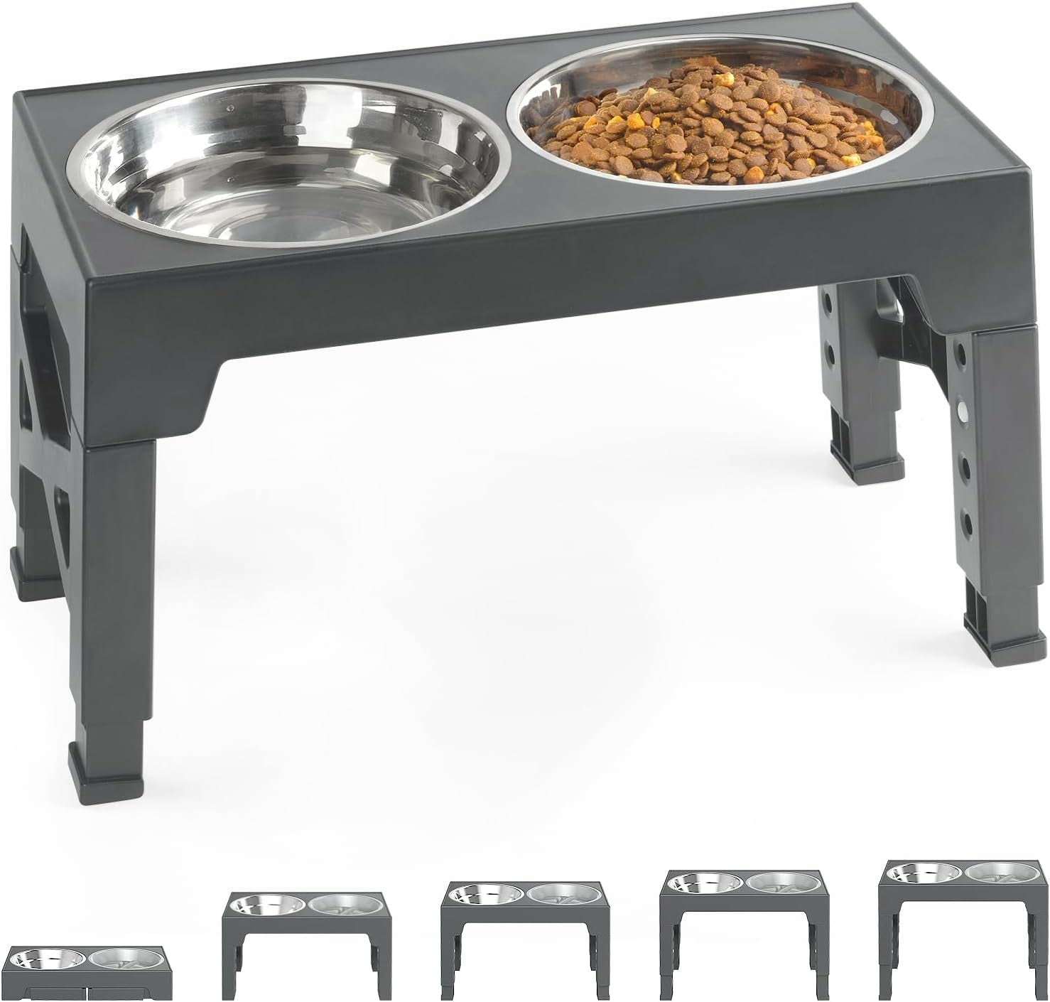 Adjustable Elevated Dog Bowls - Includes 2 Stainless Steel & 1 Slow Feeder Bowl, 5 Height Options, Grey