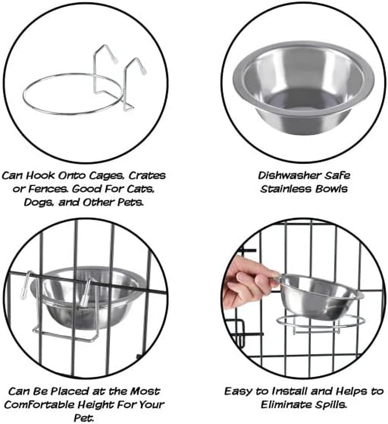 Set of 2 Stainless Steel Dog Bowls, 8Oz, Dishwasher Safe, Hangs in Cage/Kennel/Crate, Silver