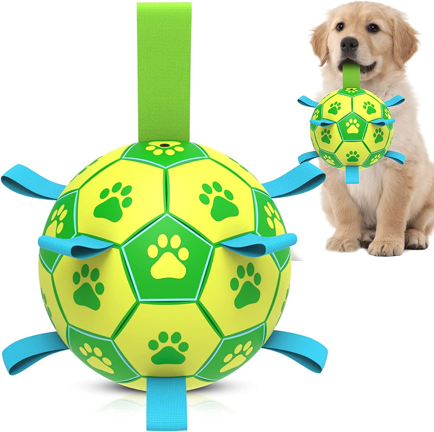 Dog Soccer Ball with Tug Straps, Interactive, Water Toy for Small & Medium Dogs - 6"