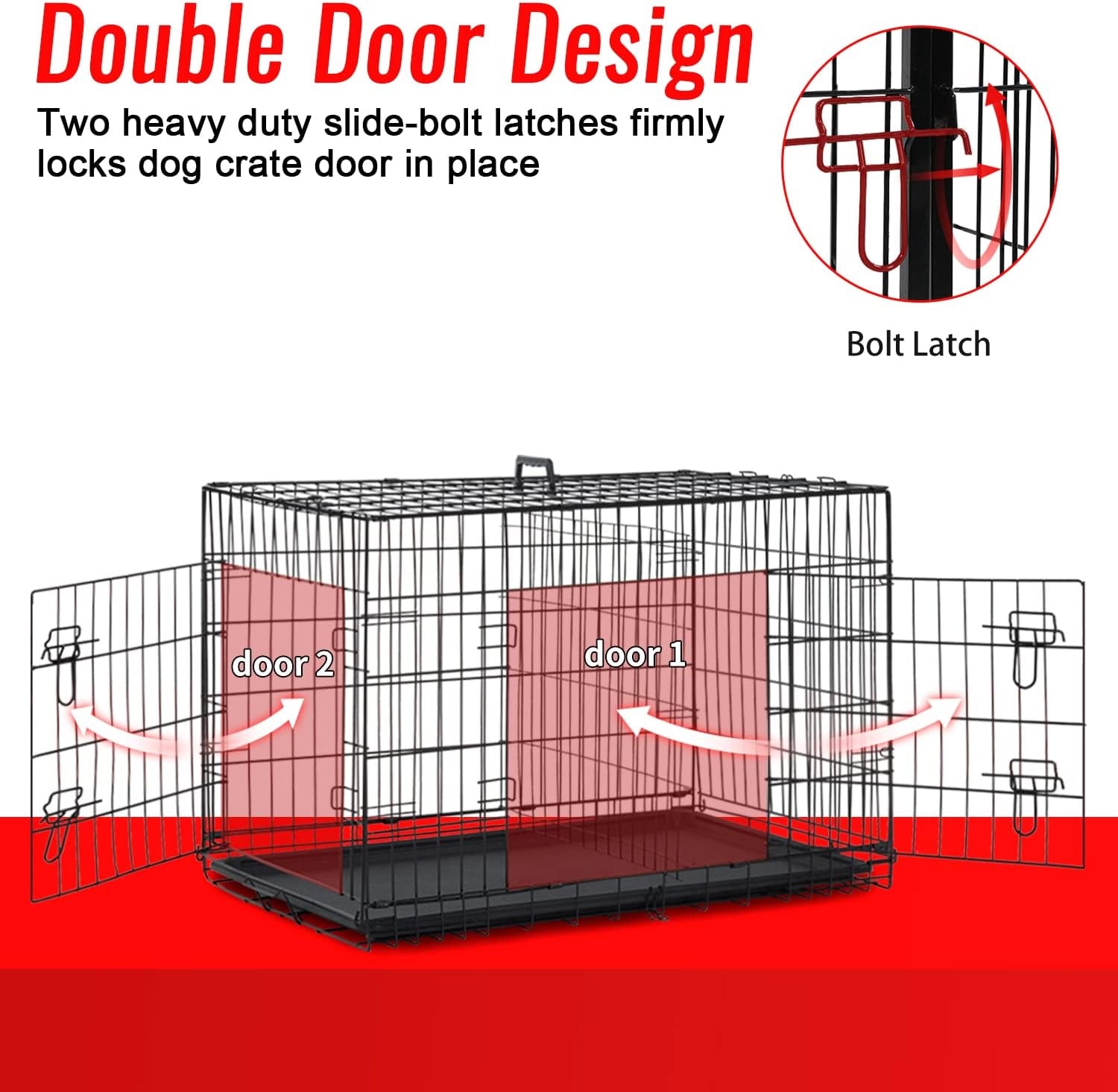 FDW Folding Metal Dog Crate with Double Door, Divider Panel & Leak-Proof Tray - Portable Kennel for Large Dogs,