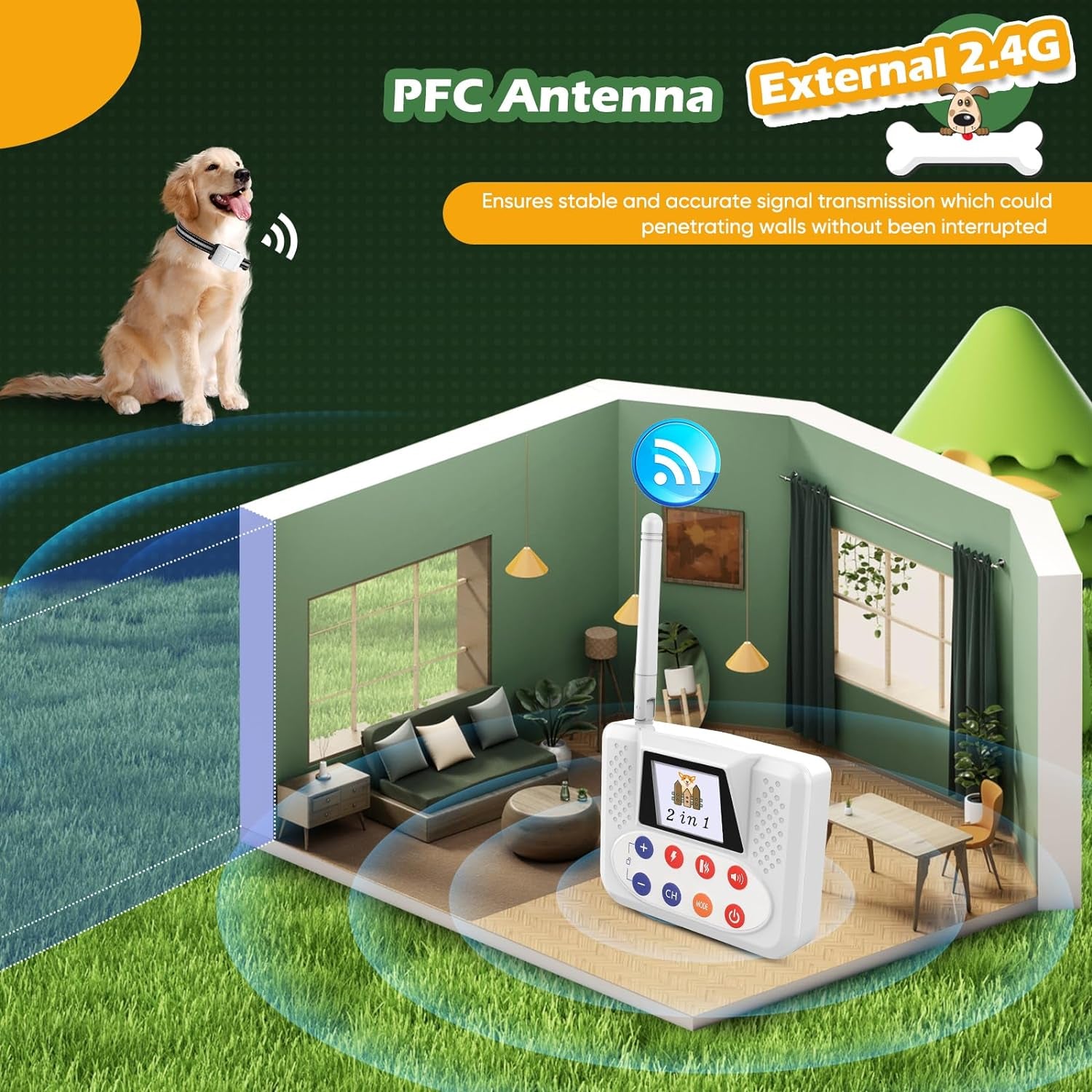 Wireless Electric Dog Fence System with Large LCD - Waterproof Collar, 2.4Ghz Antenna