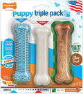 Nylabone Puppy Triple Pack - Blue Teething Toy, Nylon Chew, & Tasty Treats in Chicken & Bacon Flavors - Perfect for Small Dogs