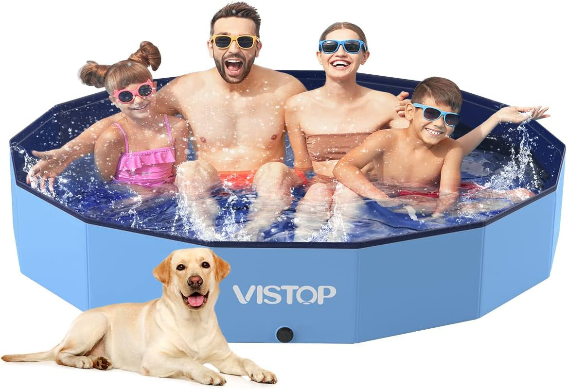 VISTOP XXL Foldable Dog Pool: Hard Plastic, Portable, 67"D x 11.8"H, Blue
