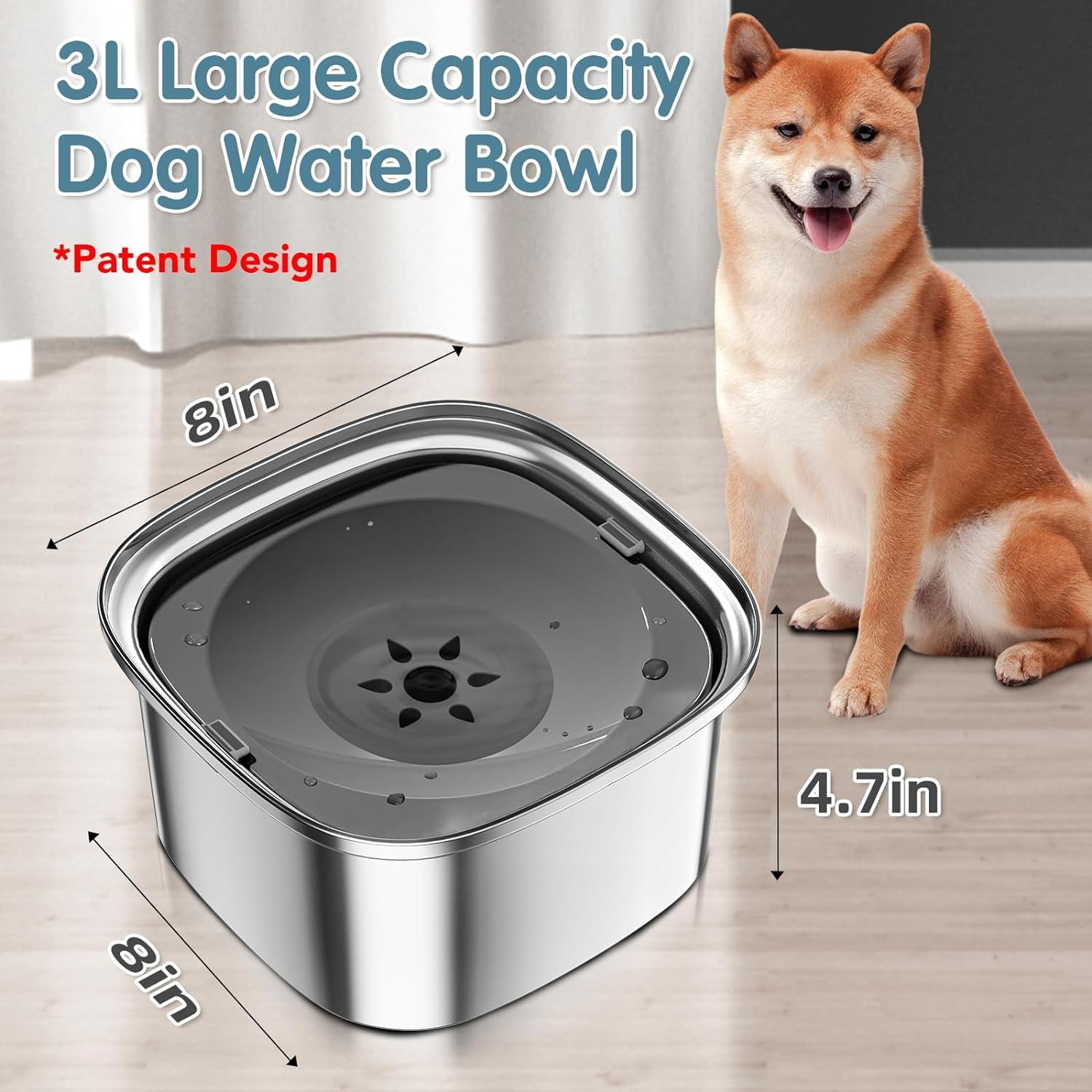 UPSKY Large No-Spill Dog Water Bowl, 3L Stainless Steel, Anti-Splash Design for Sloppy Drinkers