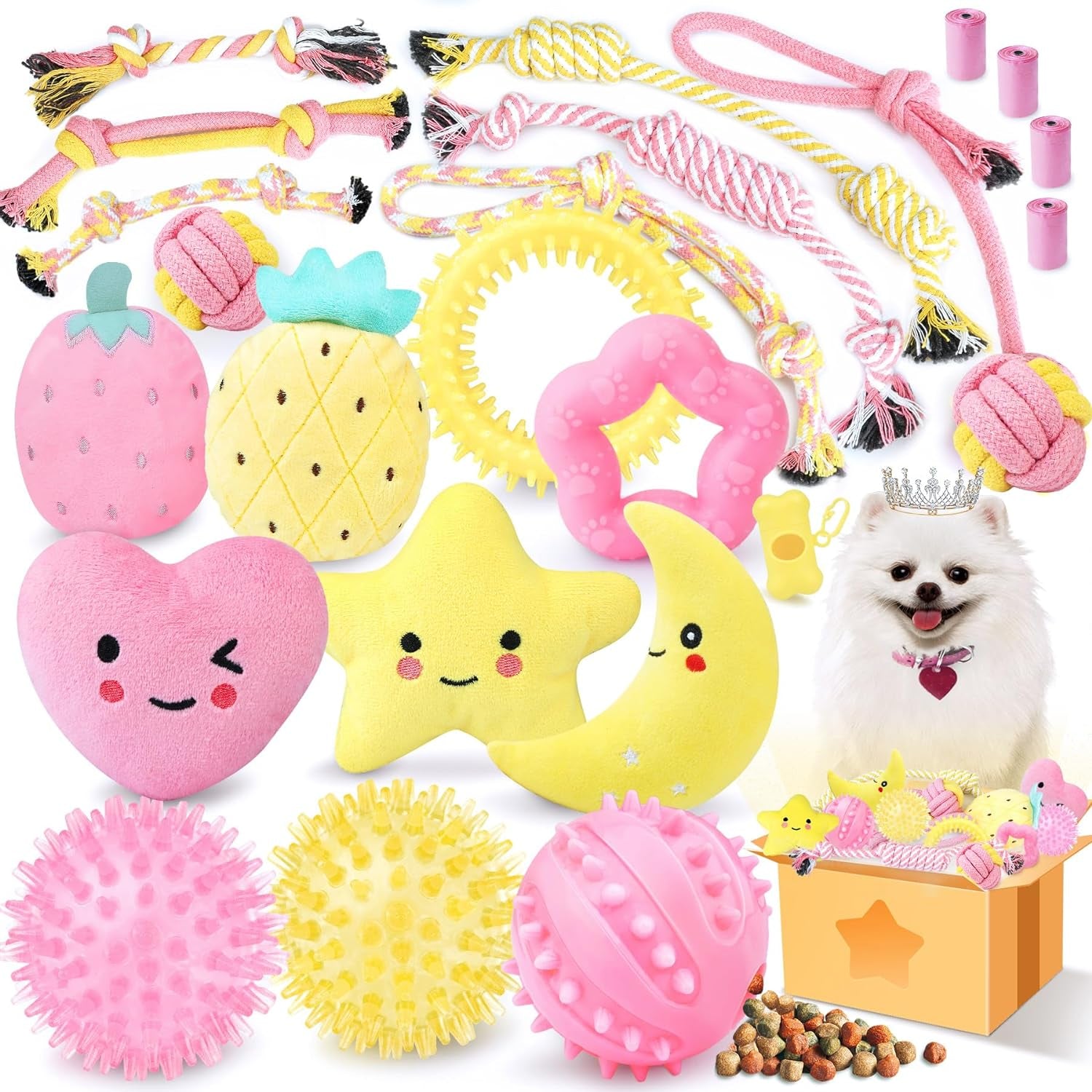 Pink Puppy Toys for Boredom - 23 Pack Puppy Chew Toys for Teething, Interactive Dog Toys for Puppies, Cute Small Dog Toys with Treat Ball, Squeaky Dog Chew Toys and Ropes