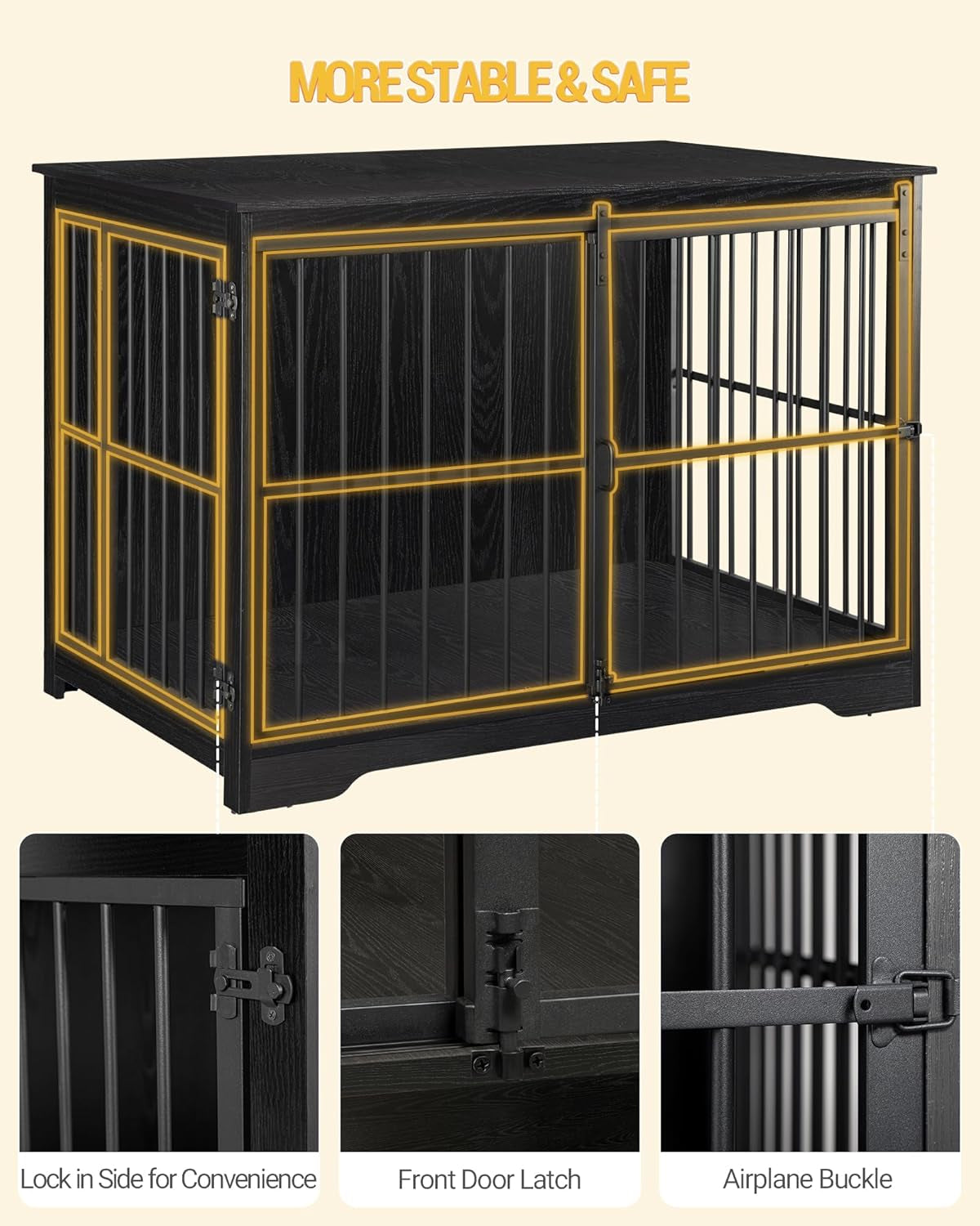 Dog Crate Furniture, 44.1" Double Door Dog Crate with Barn Door, Dog Kennel Indoor, End Side Table Wooden Dog Crate for Small Medium Large Dog, Anti-Chew Anti-Escape, Black