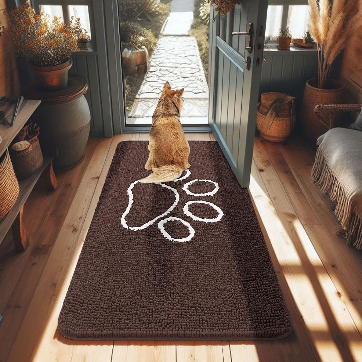 Absorbent Dog Door Mat for Muddy Paws, Non-Slip & Quick Dry Chenille, Washable, Traps Dirt & Moisture