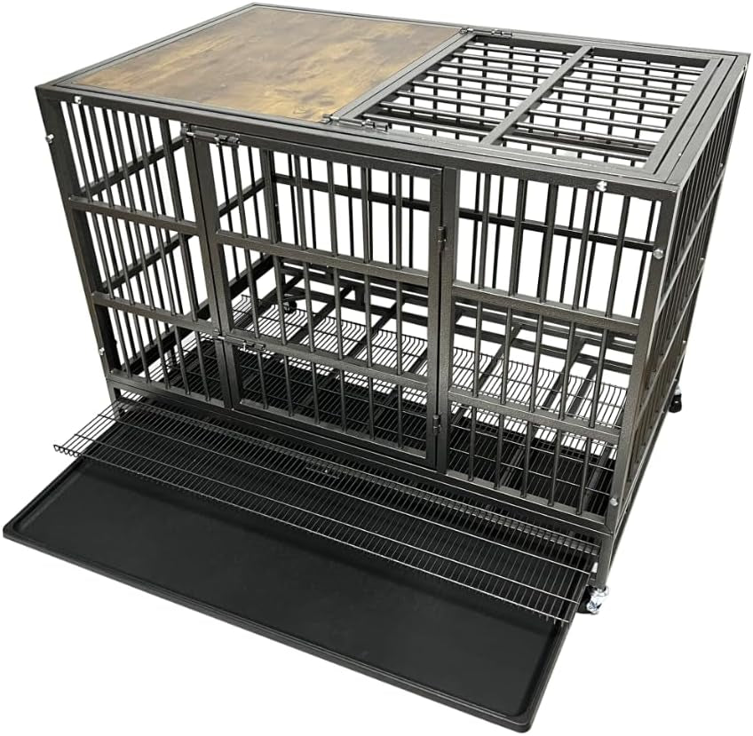 Heavy Duty Dog Crate with Wheels - Escape-Proof Steel Kennel for High Anxiety Dogs, Double Door & Tray, Extra Large XXL