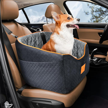 Memory Foam Dog Car Seat for Small Dogs Up to 35 lbs - Elevated Travel Booster Seat with Washable Cover & Storage Pockets, Black/Gray